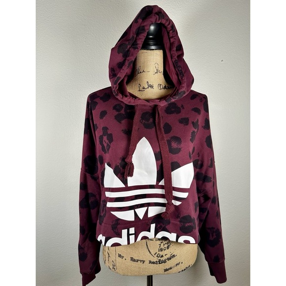 Adidas Big logo Burgundy/Black Leopard print cropped oversized Hoodie S - Picture 2 of 12